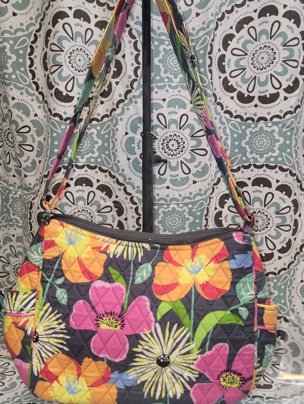 Vera Bradley Floral Quilted Shoulder Crossbody Bag Adjustable Strap Gray Floral